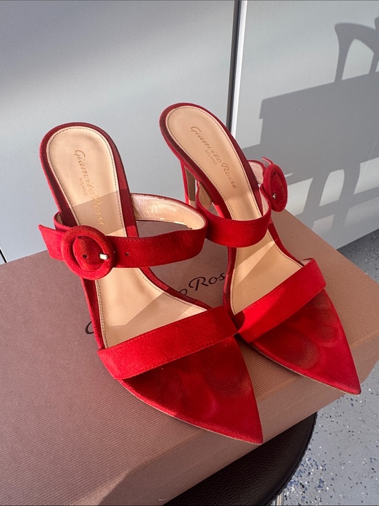 Gianvito Rossi Shoes - Gianvito Rossi Red Pointed-Toe Suede Mules with Buckle Strap